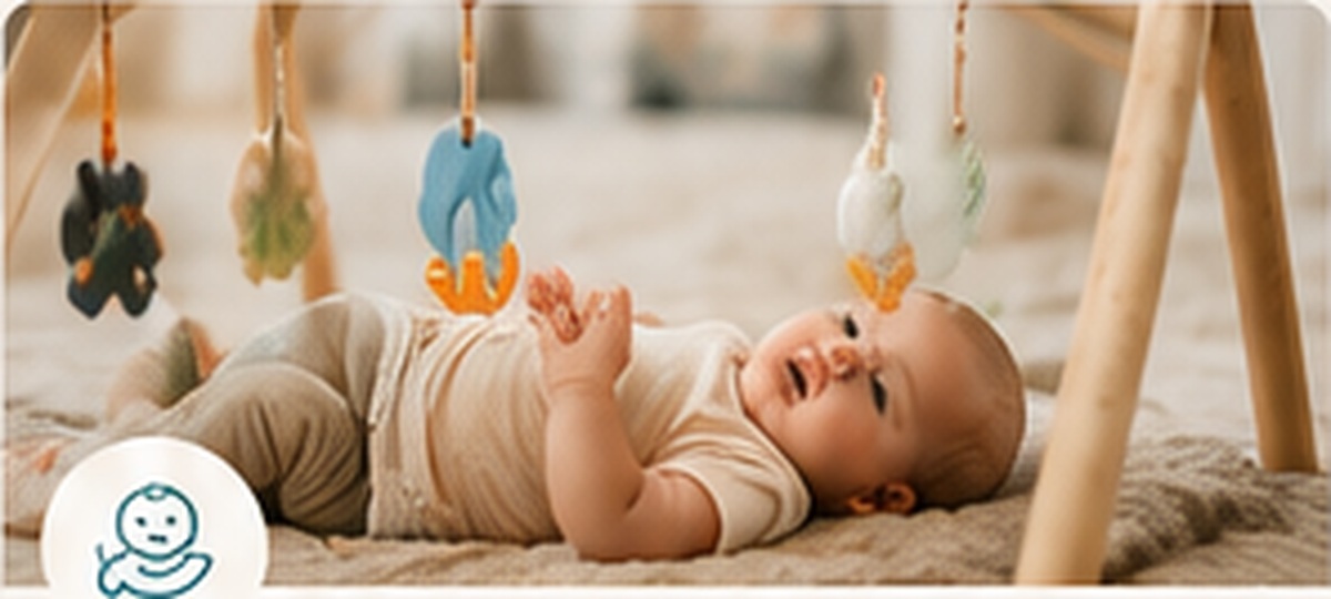 Infant exploring soft hanging toys in a warm classroom