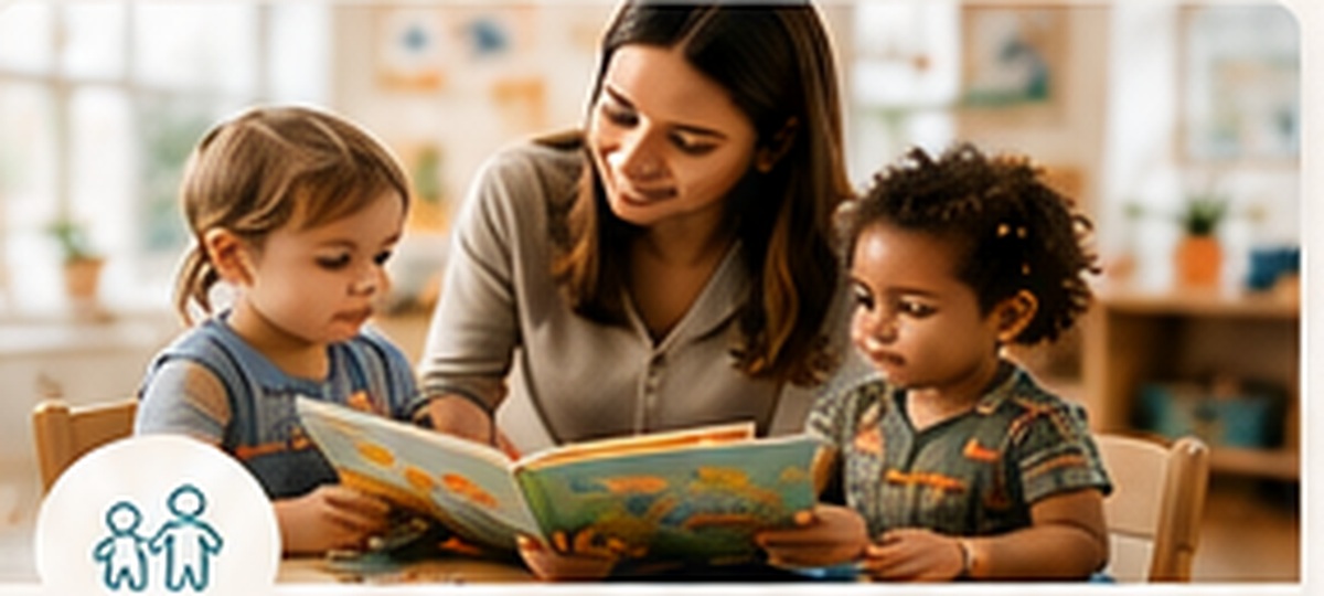 Teacher reading with two toddlers in a classroom