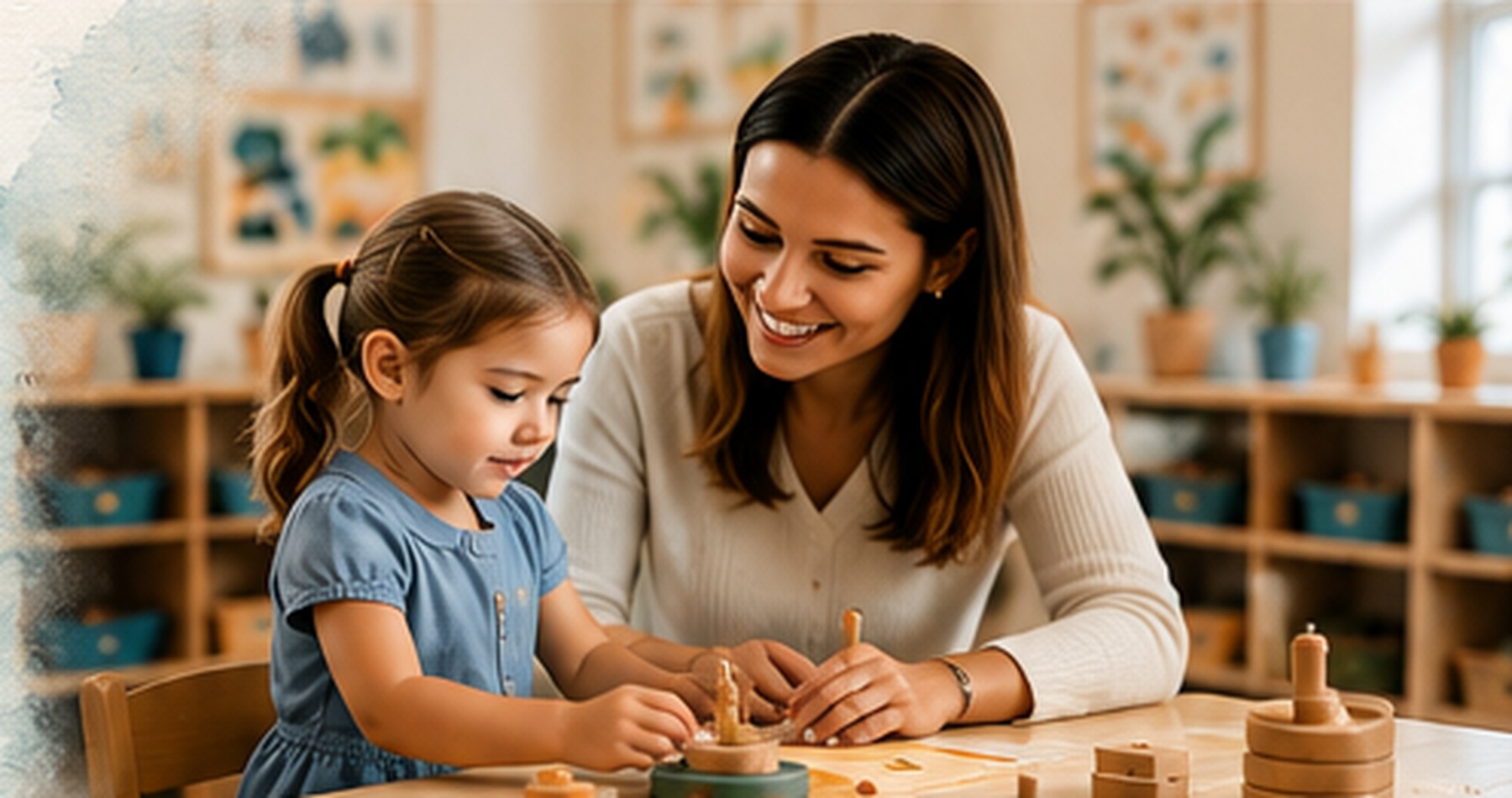 Teacher guiding a child through hands-on classroom learning