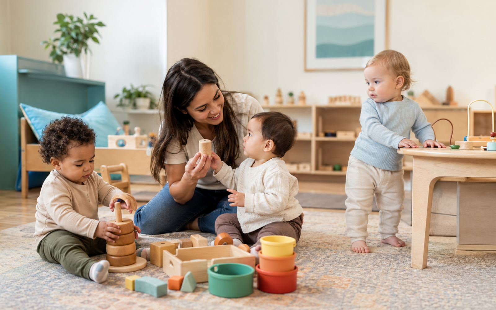 Teacher helping young toddlers explore stacking toys in a warm classroom