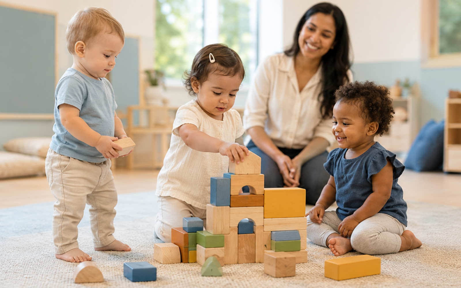 Teacher encouraging older toddlers during hands-on classroom play