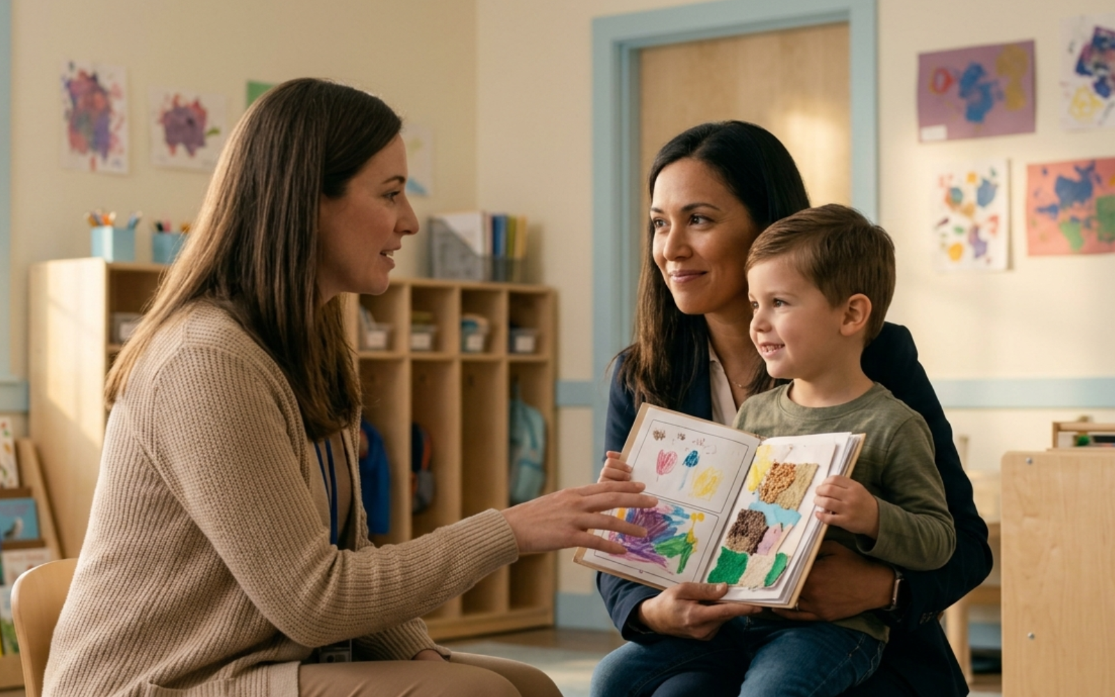 Pre-K teacher and parent reviewing a child’s classroom artwork together