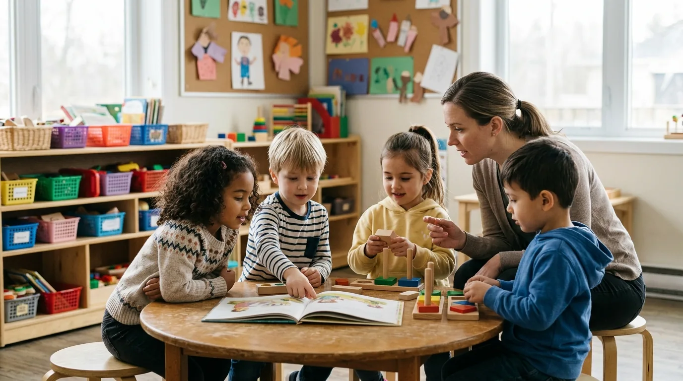 Teacher and children exploring a picture book